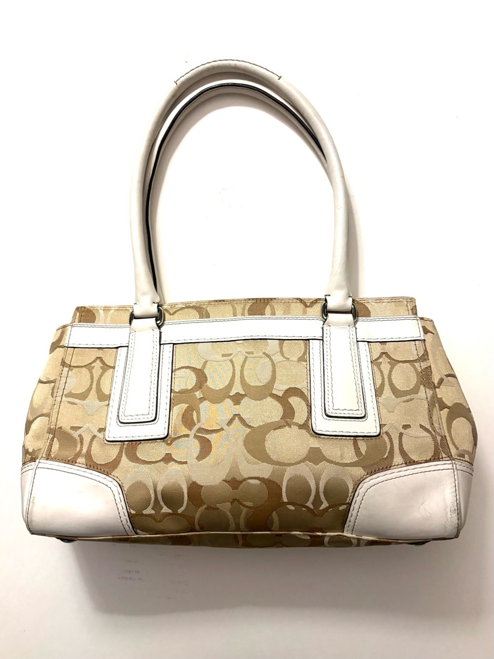 COACH Vintage Signature Hamptons Optic Madeleine Satchel Handbag, white/tan - Picture 2 of 8